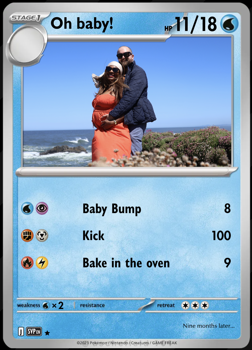 Pokémon card styled announcement — We're Expecting, HP 11/18. Attacks: Baby Bump 8, Kick 100, Bake in the Oven 9. Nine months later…