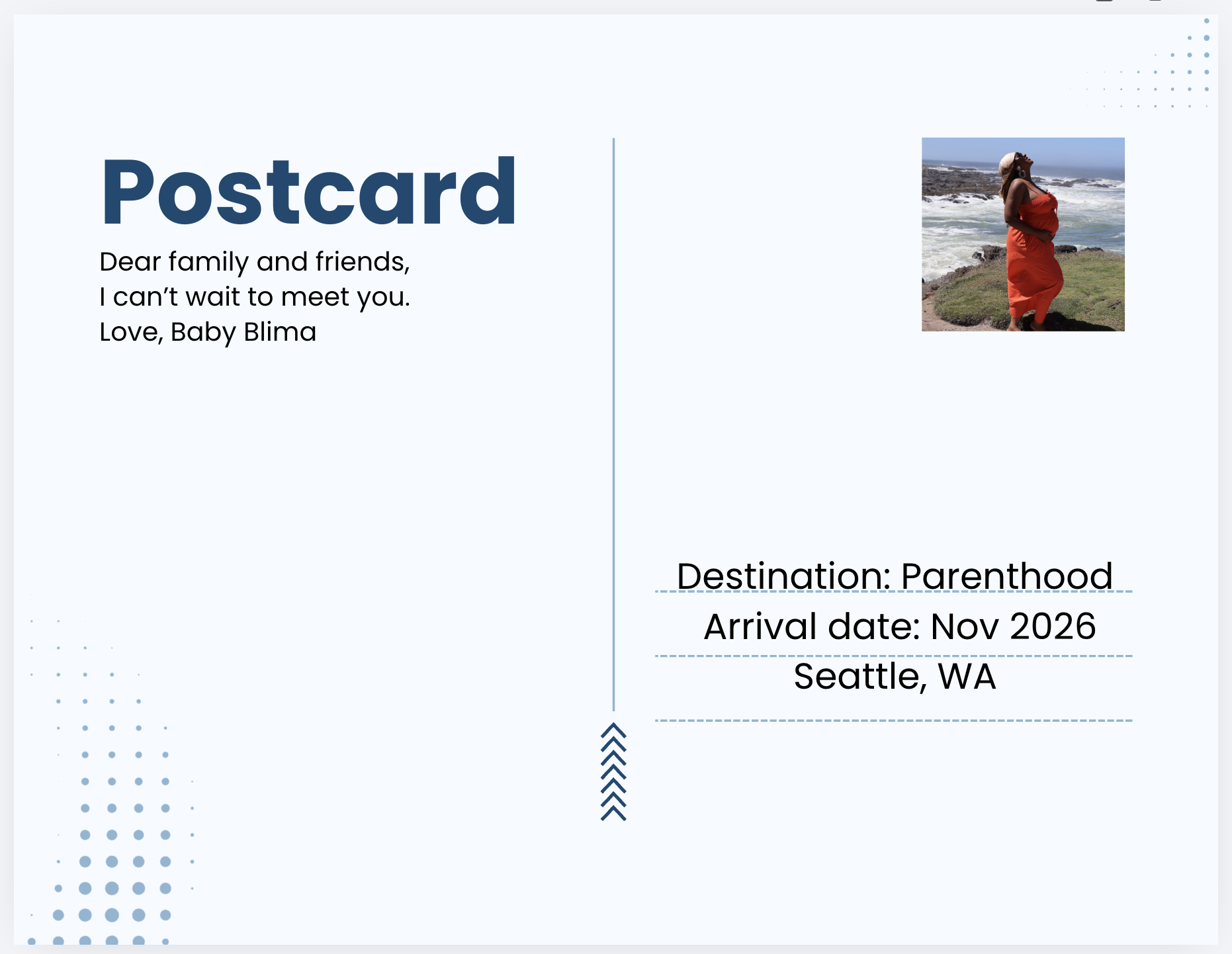 A postcard from Baby Blima — Destination: Parenthood, Departure date: Nov 2026, Seattle WA